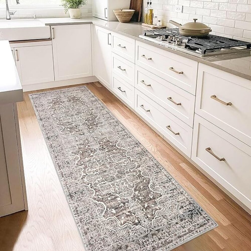 KUTA Runners for Hallways 2x6 Tan, Vintage Floral Rug Non-Slip Washable